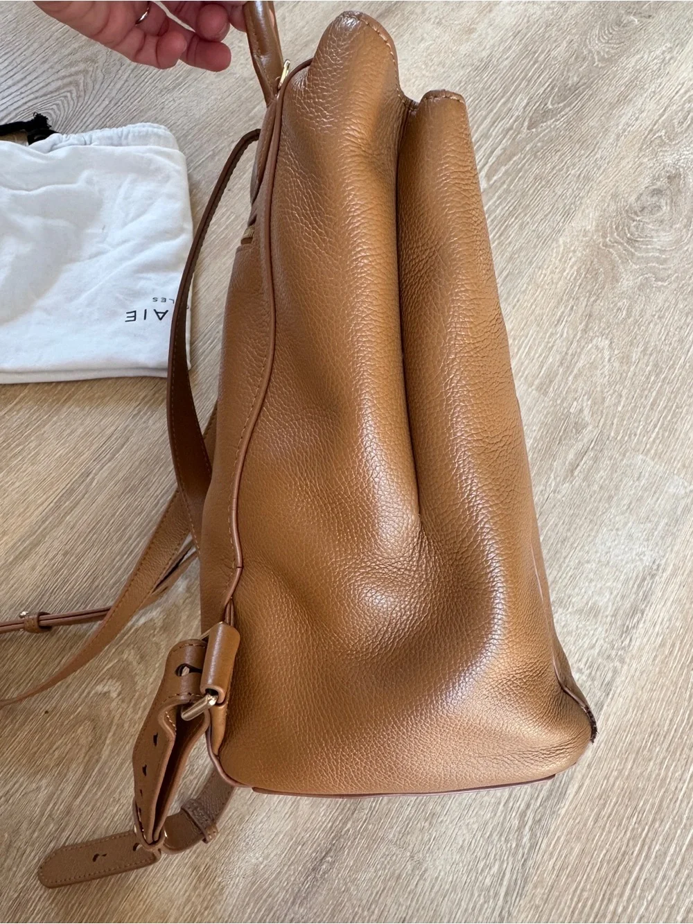 Mina Baie harper midi leather diaper bag backpack tan gold